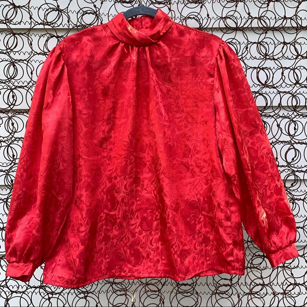 Vintage red shiny floral long sleeve blouse secretary modest  LARGE?